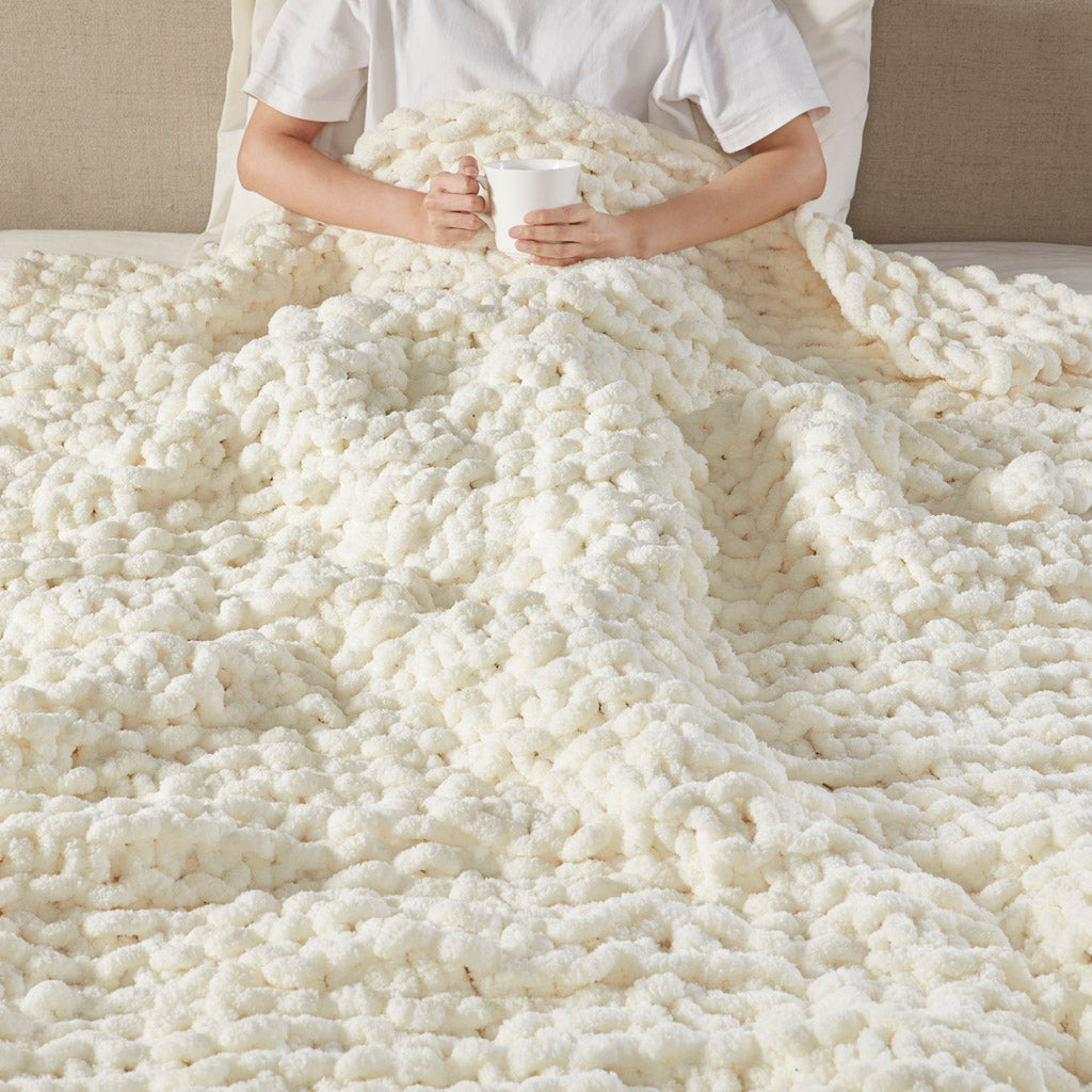 Chenille Chunky Knit Throw - Ivory