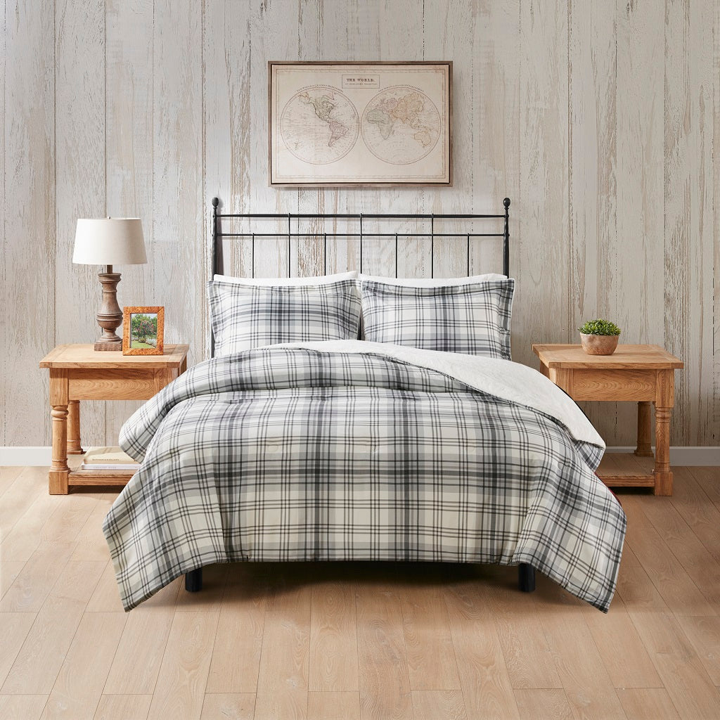 Bernston Faux Wool to Faux Fur Down Alternative Comforter Set - Gray Plaid