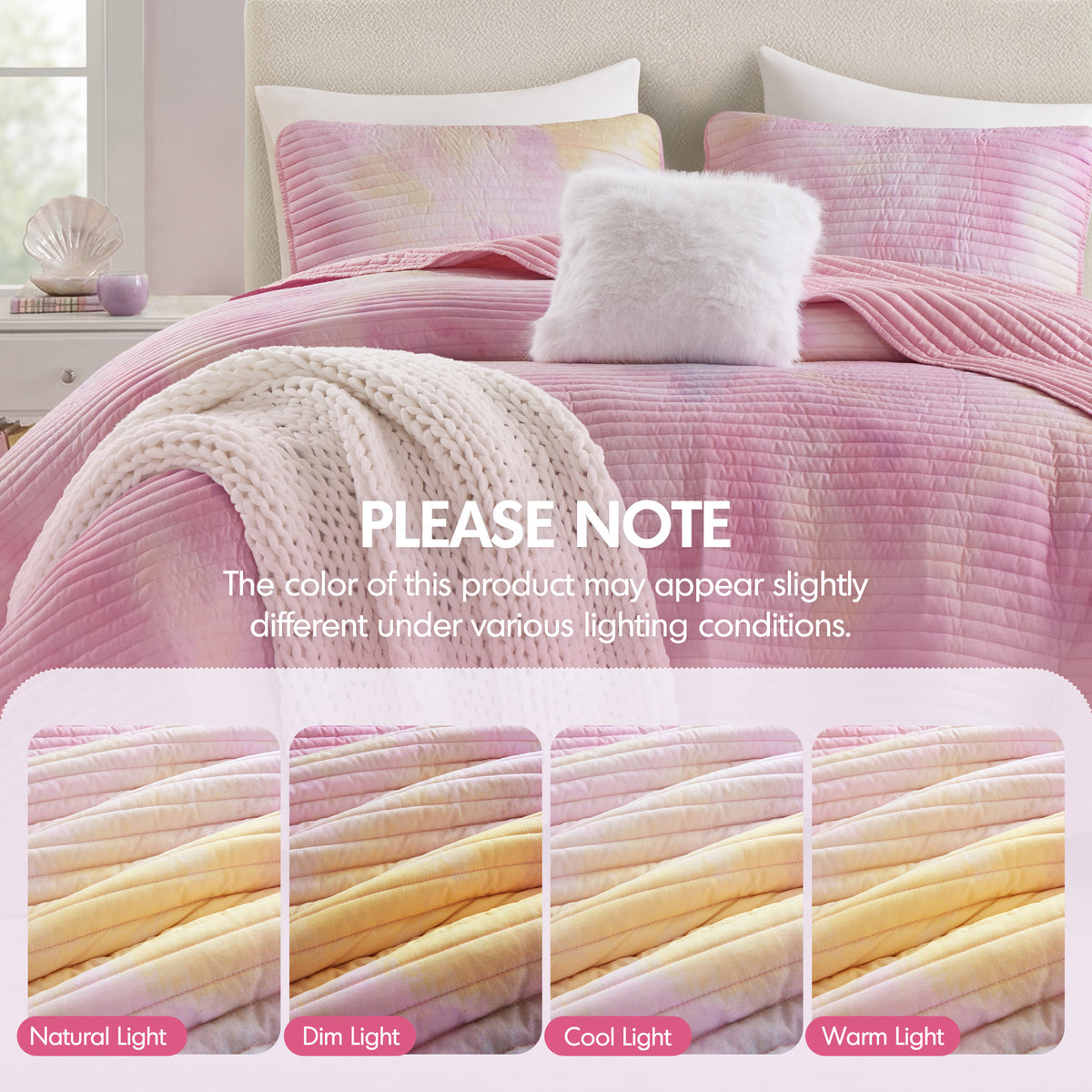 Cassiopeia Watercolor Tie Dye Printed Quilt Set with Throw Pillow - Pink