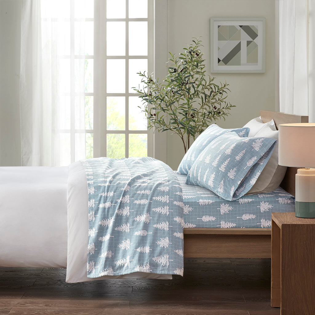 Cozy Cotton Flannel Printed Sheet Set - Blue Forest