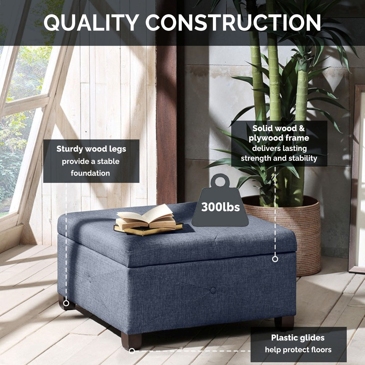 Della Upholstered Soft Close Ottoman - Blue