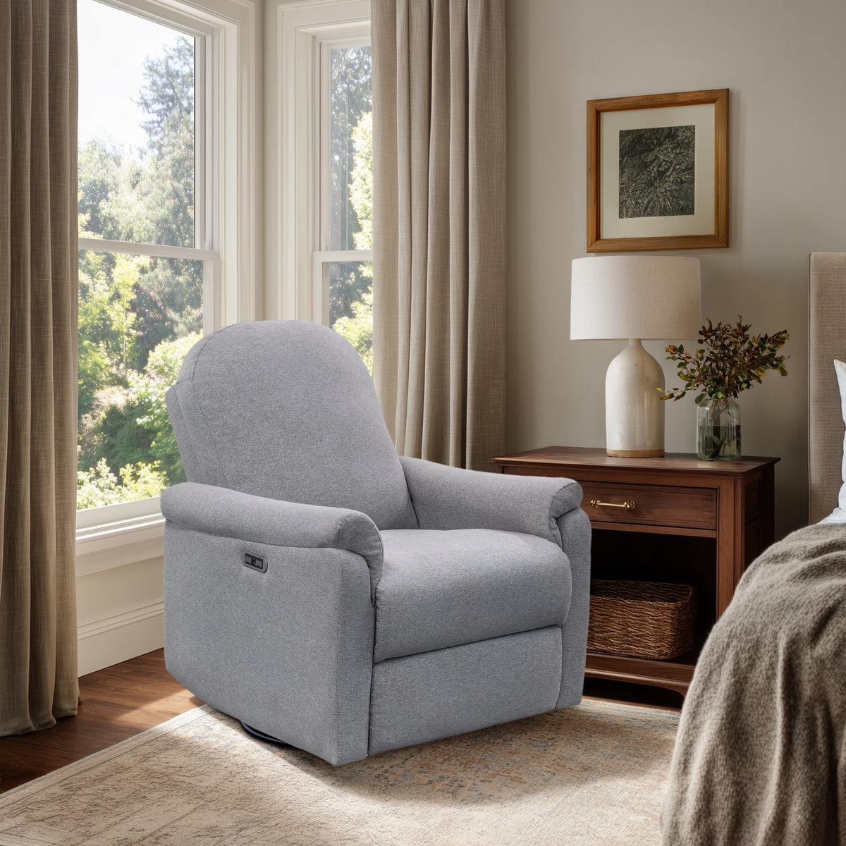Elio Power Recliner 3-in-1 with Swivel, Glider, Charging Station - Light Grey