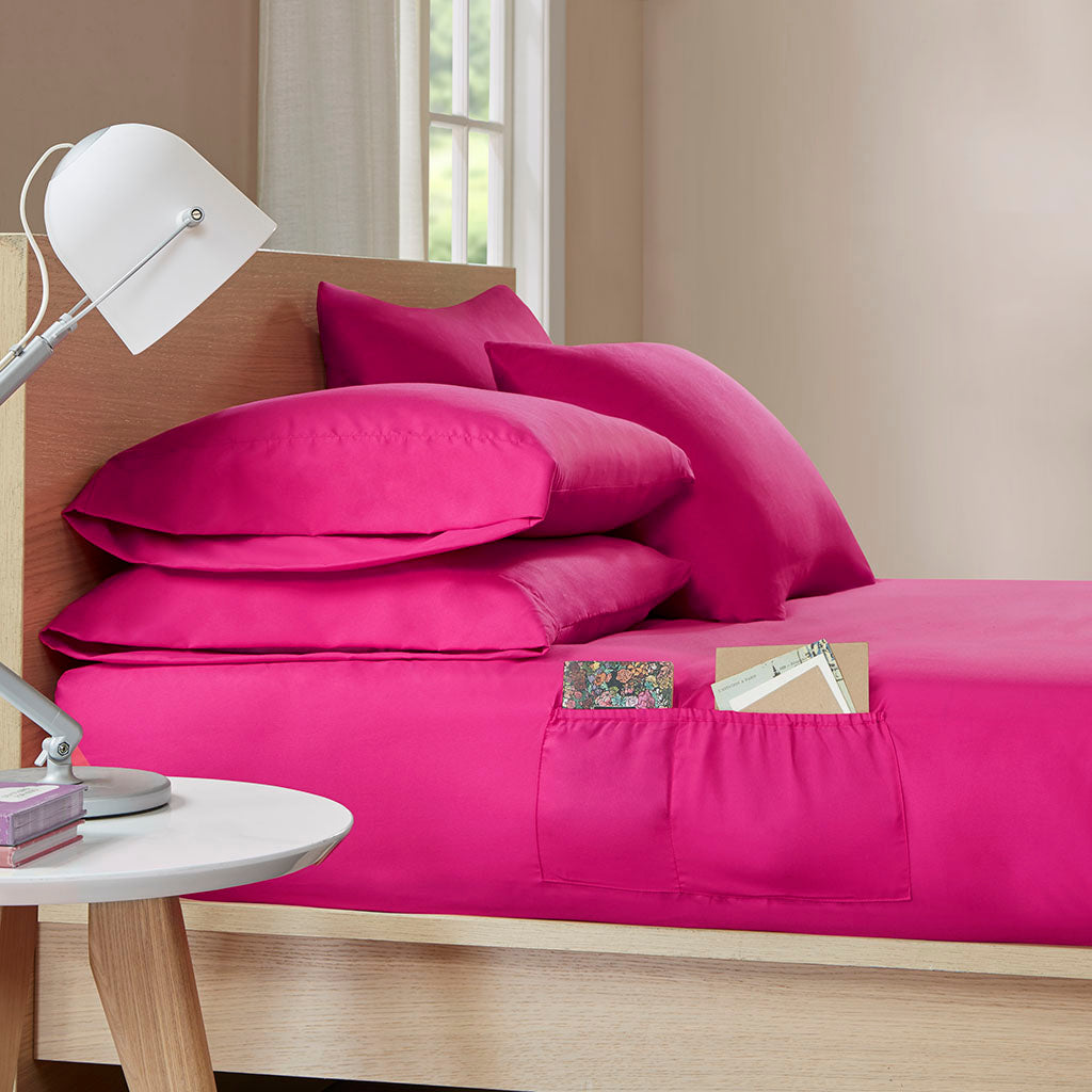 Microfiber Sheet Set with Side Storage Pockets - Pink