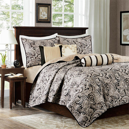 Aubrey 6 Piece Jacquard Quilt Set with Throw Pillows - Black