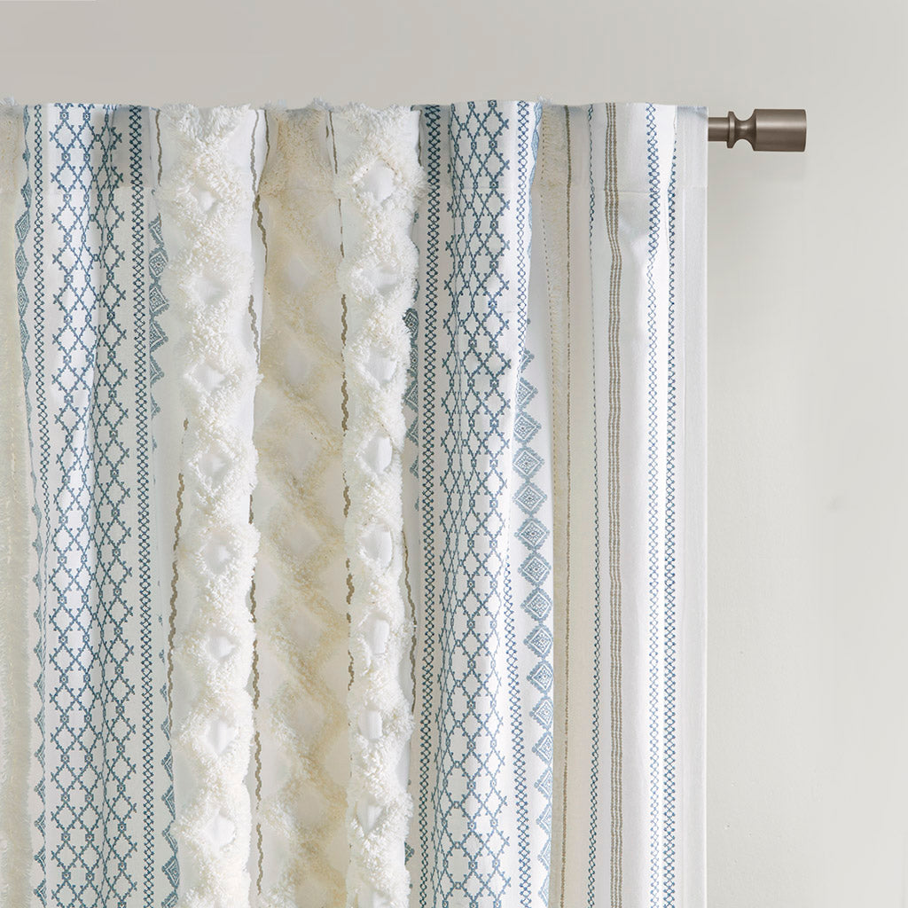 Imani Cotton Printed Curtain Panel with Chenille Stripe and Lining - White/Navy
