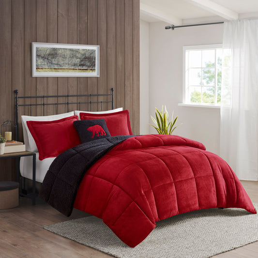 Alton Plush to Sherpa Down Alternative Comforter Set - Red/Black