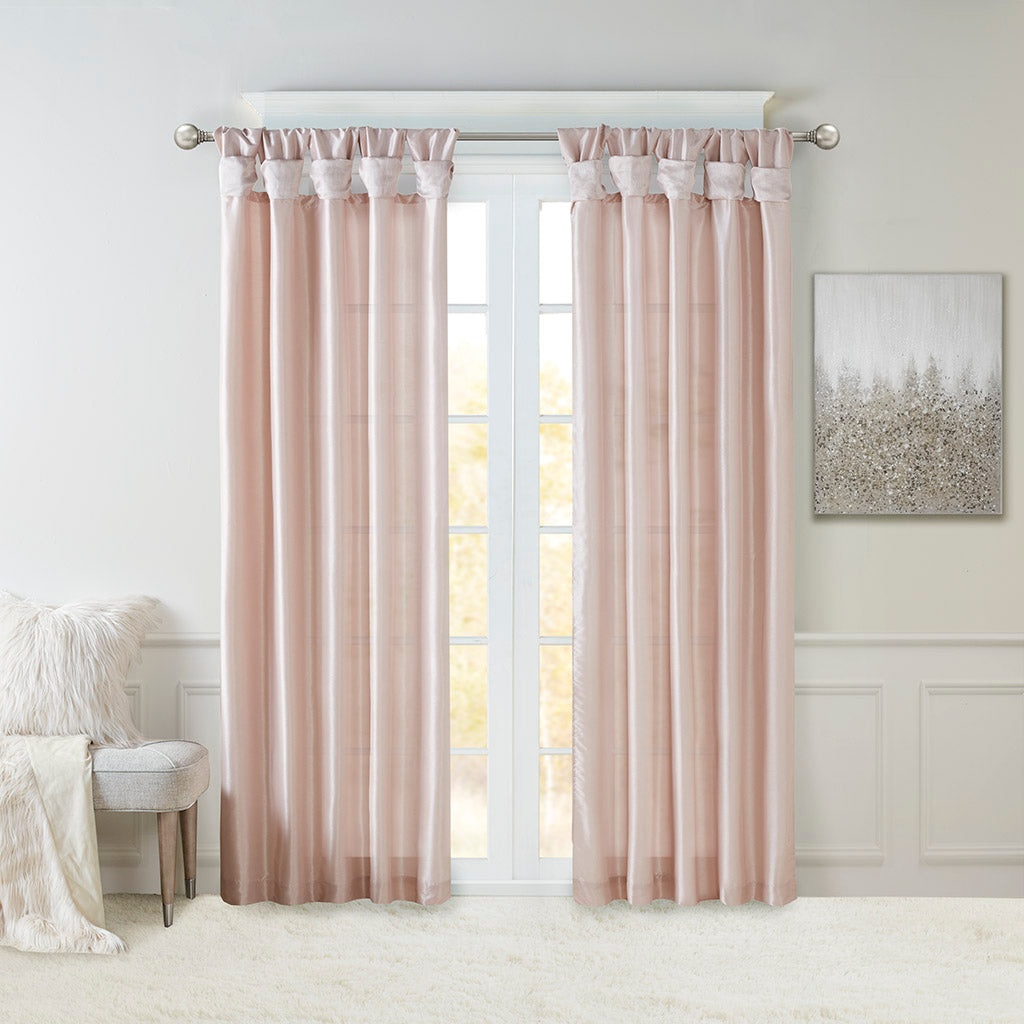 Emilia 100% Polyester Solid Faux Silk Lined Twist Tab Window Curtain - Blush