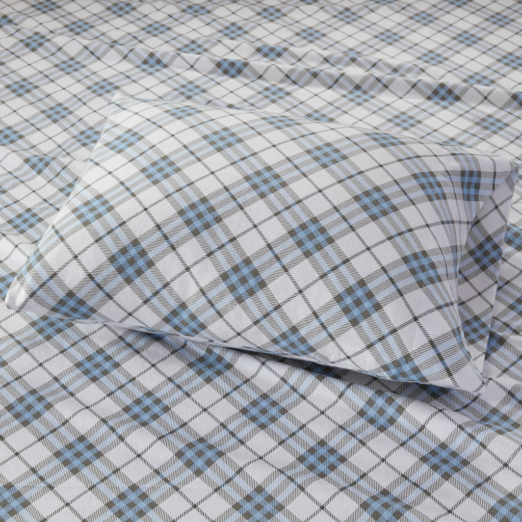 Cozy Cotton Flannel Printed Sheet Set - Blue Plaid