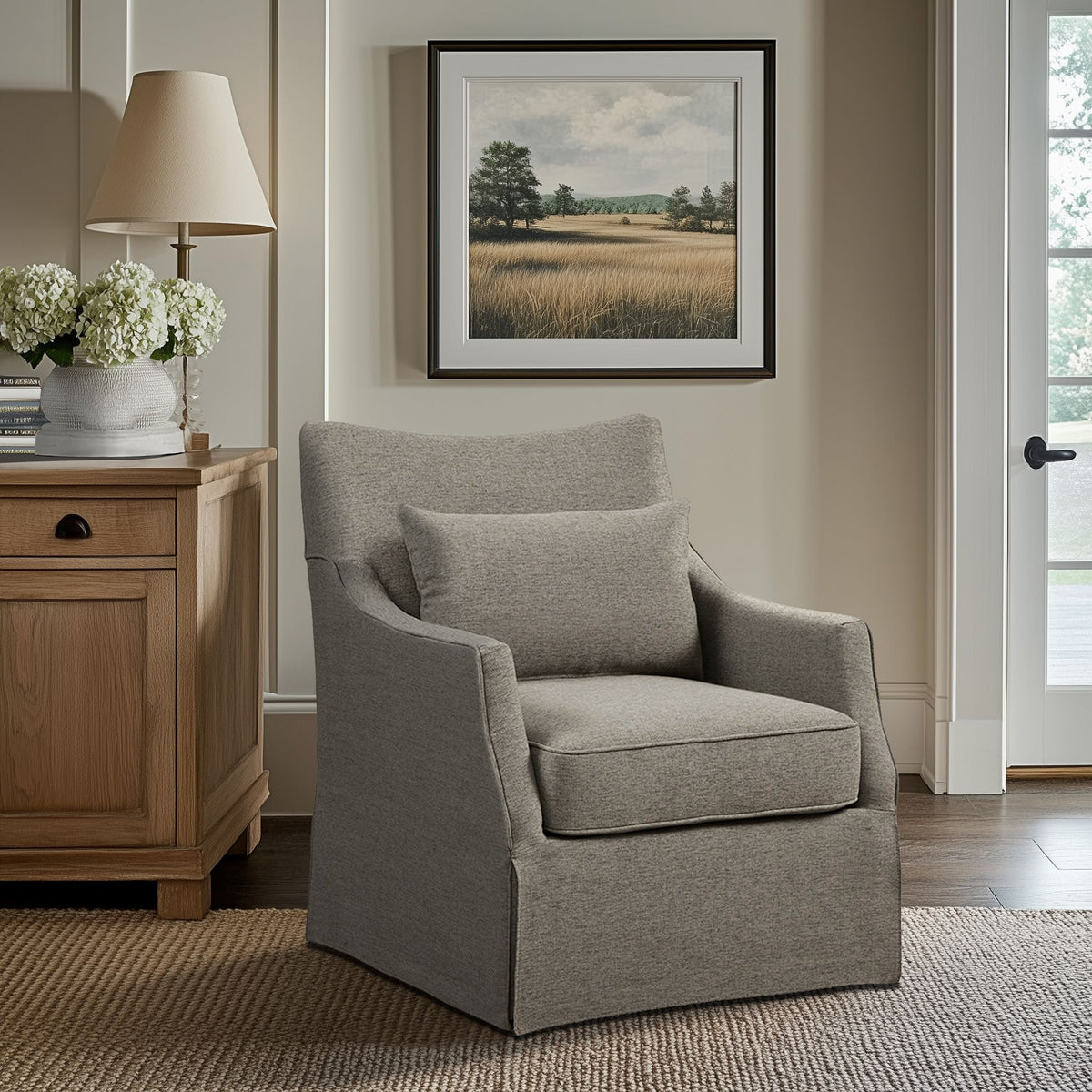 London Upholstered Skirted Swivel Armchair with Lumbar Pillow - Tan Multi