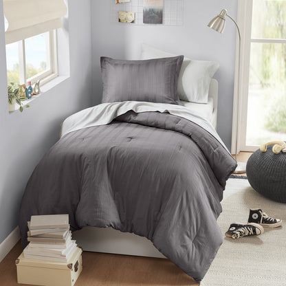 Logan Striped Reversible Pintuck Pleated Comforter Set - Charcoal