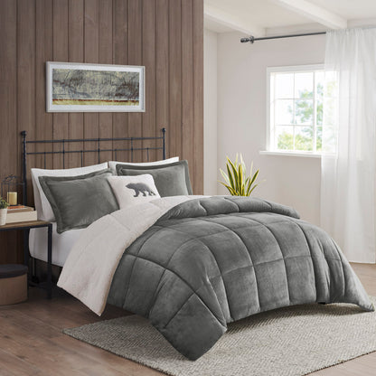 Alton Plush to Sherpa Down Alternative Comforter Set - Charcoal/Ivory