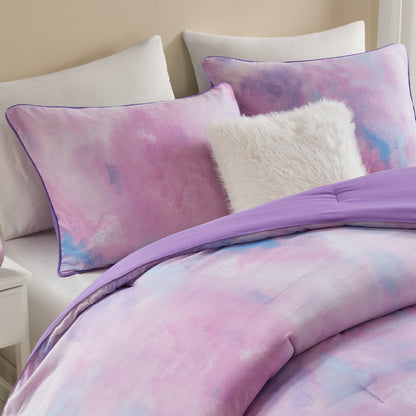 Cassiopeia Watercolor Tie Dye Printed Comforter Set with Throw Pillow - Purple