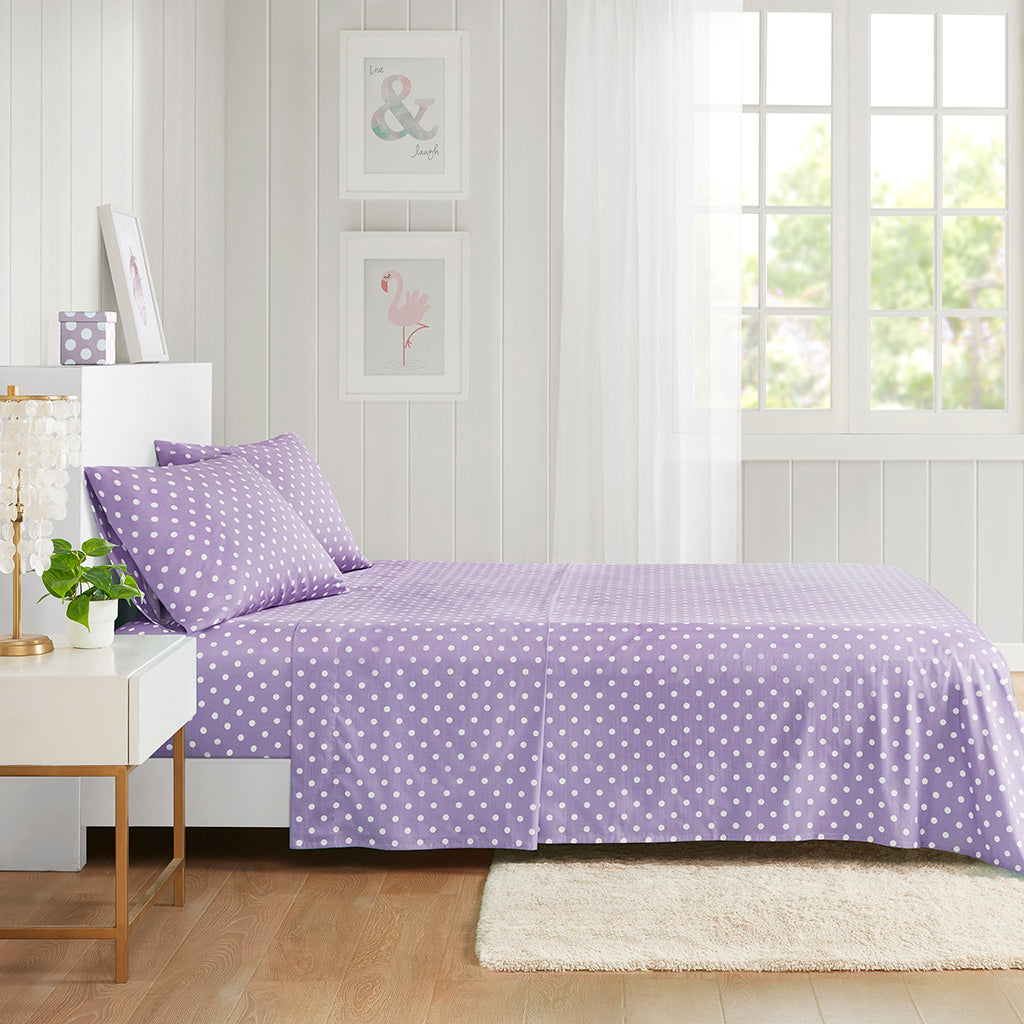 Polka Dot Printed 100% Cotton Sheet Set - Purple