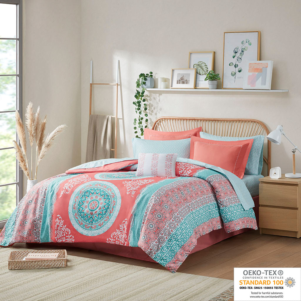 Loretta Boho Comforter Set with Bed Sheets - Coral