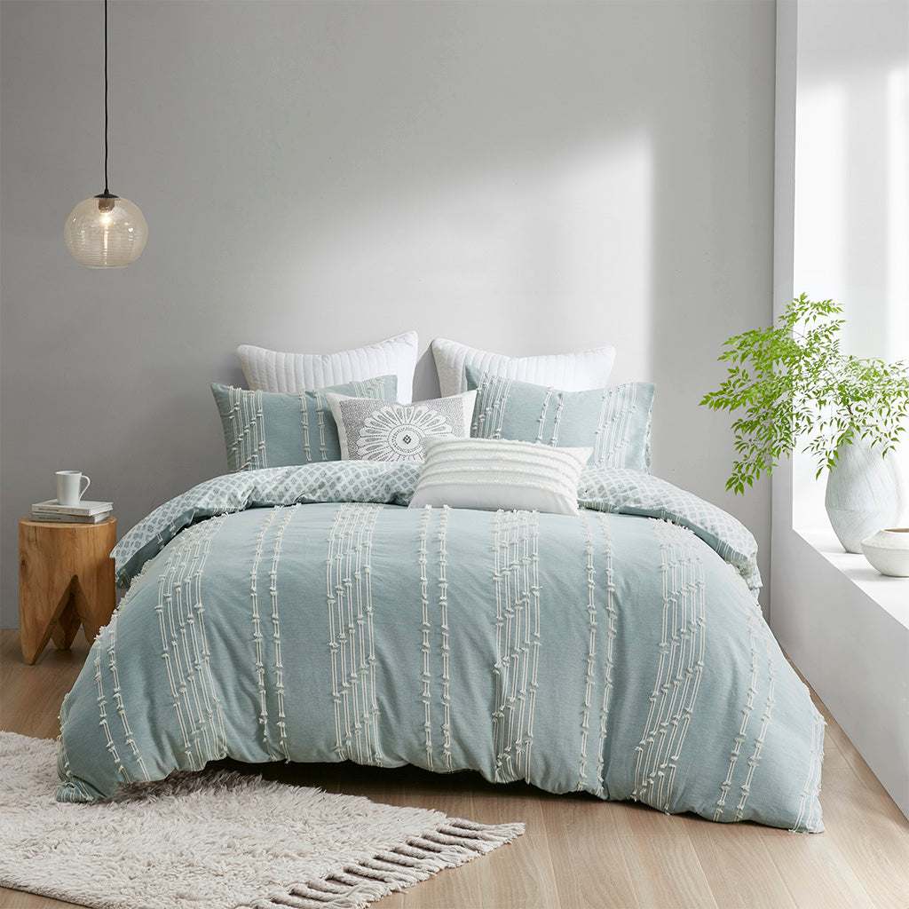 Kara 3 Piece Cotton Jacquard Duvet Cover Set - Aqua
