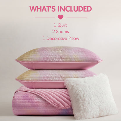 Cassiopeia Watercolor Tie Dye Printed Quilt Set with Throw Pillow - Pink
