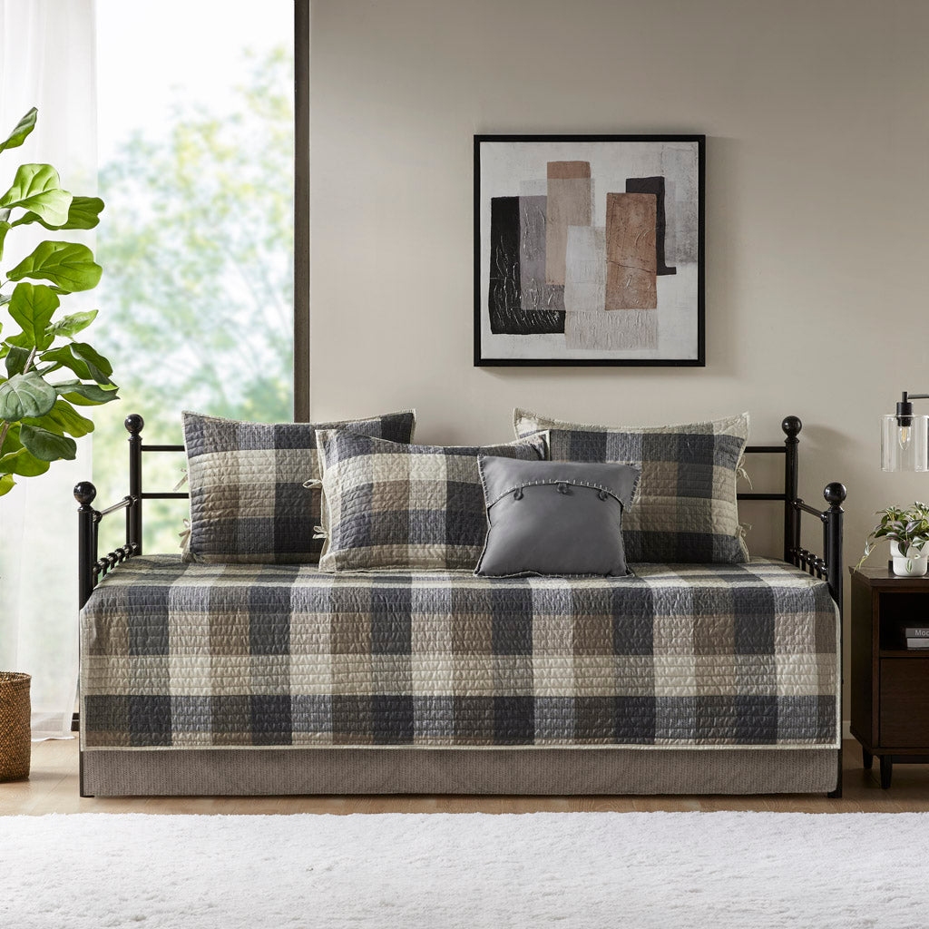 Ridge 6 Piece Reversible Plaid Daybed Cover Set - Neutral