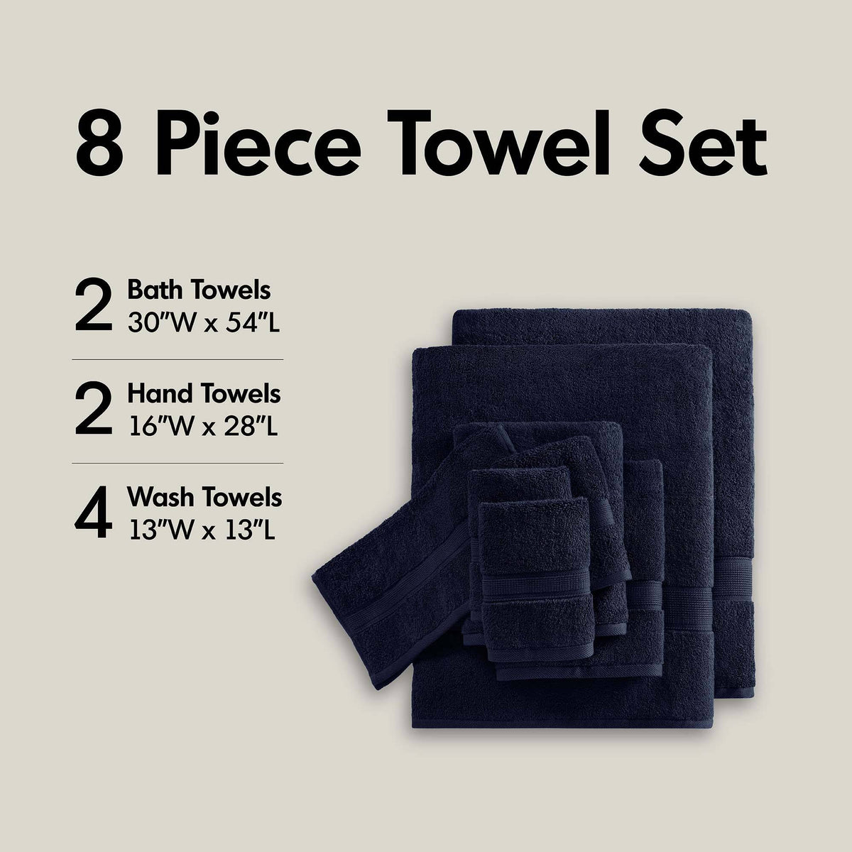 800GSM 100% Cotton 8 Piece Towel Set - Dark Navy