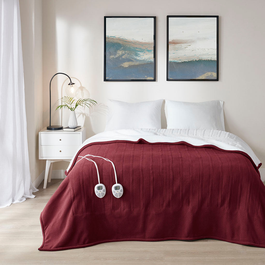 Fleece to Sherpa Heated Blanket - Burgundy