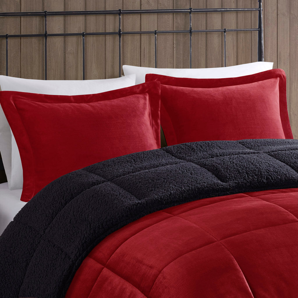 Alton Plush to Sherpa Down Alternative Comforter Set - Red/Black