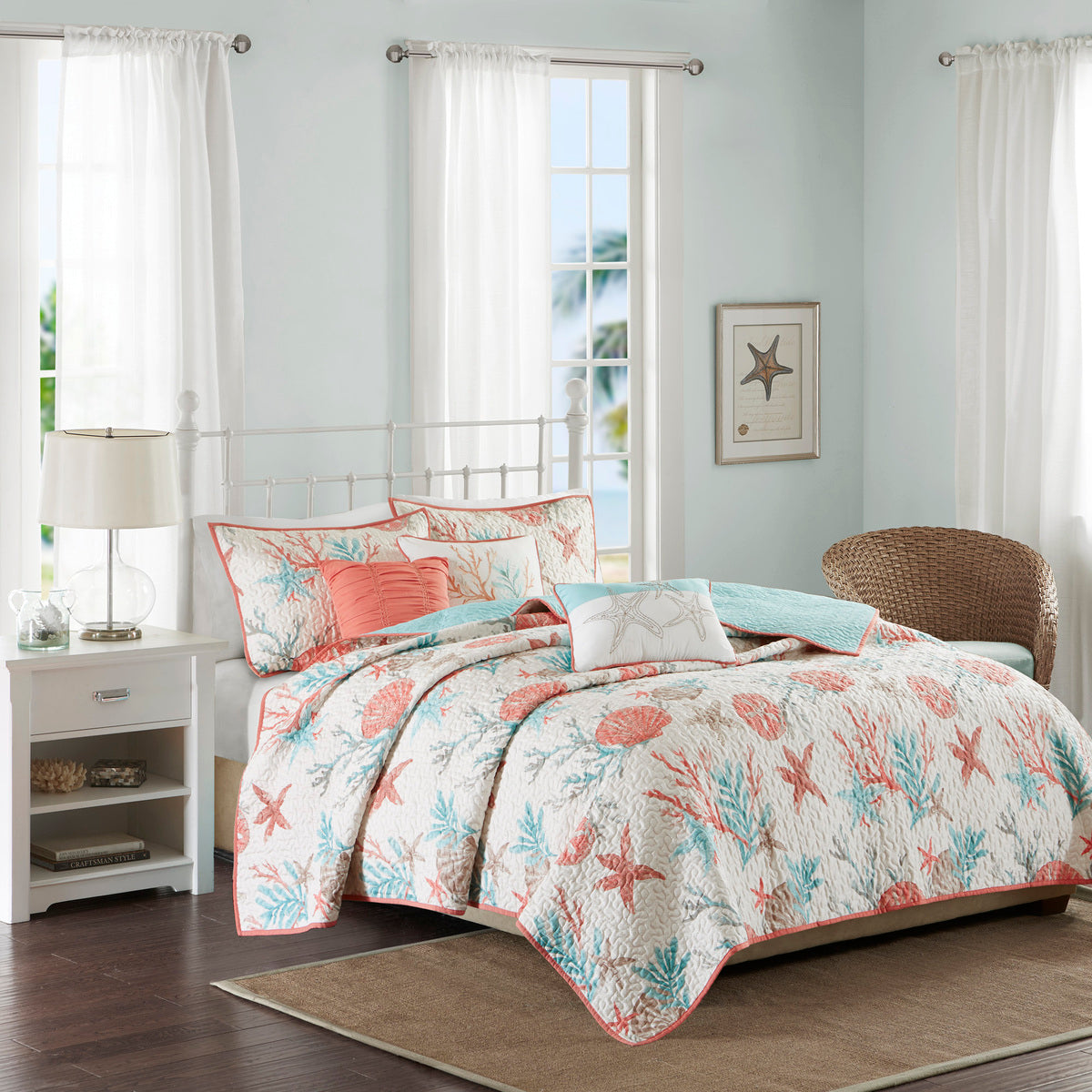 Pebble Beach 6 Piece Cotton Sateen Quilt Set with Throw Pillows - Coral