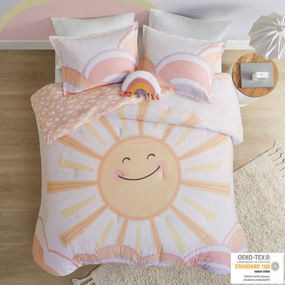 Dawn Sunshine Printed Reversible Comforter Set - Yellow/Coral