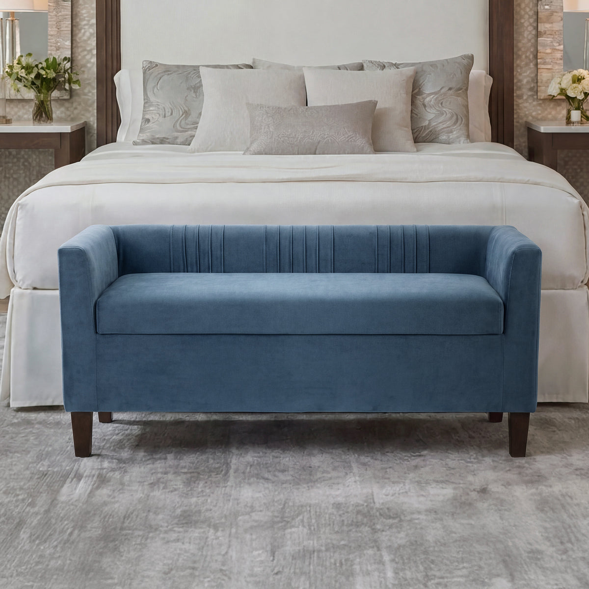 Corvina Ruched Velvet Storage Bench with Lift-Top Seat - Slate Blue