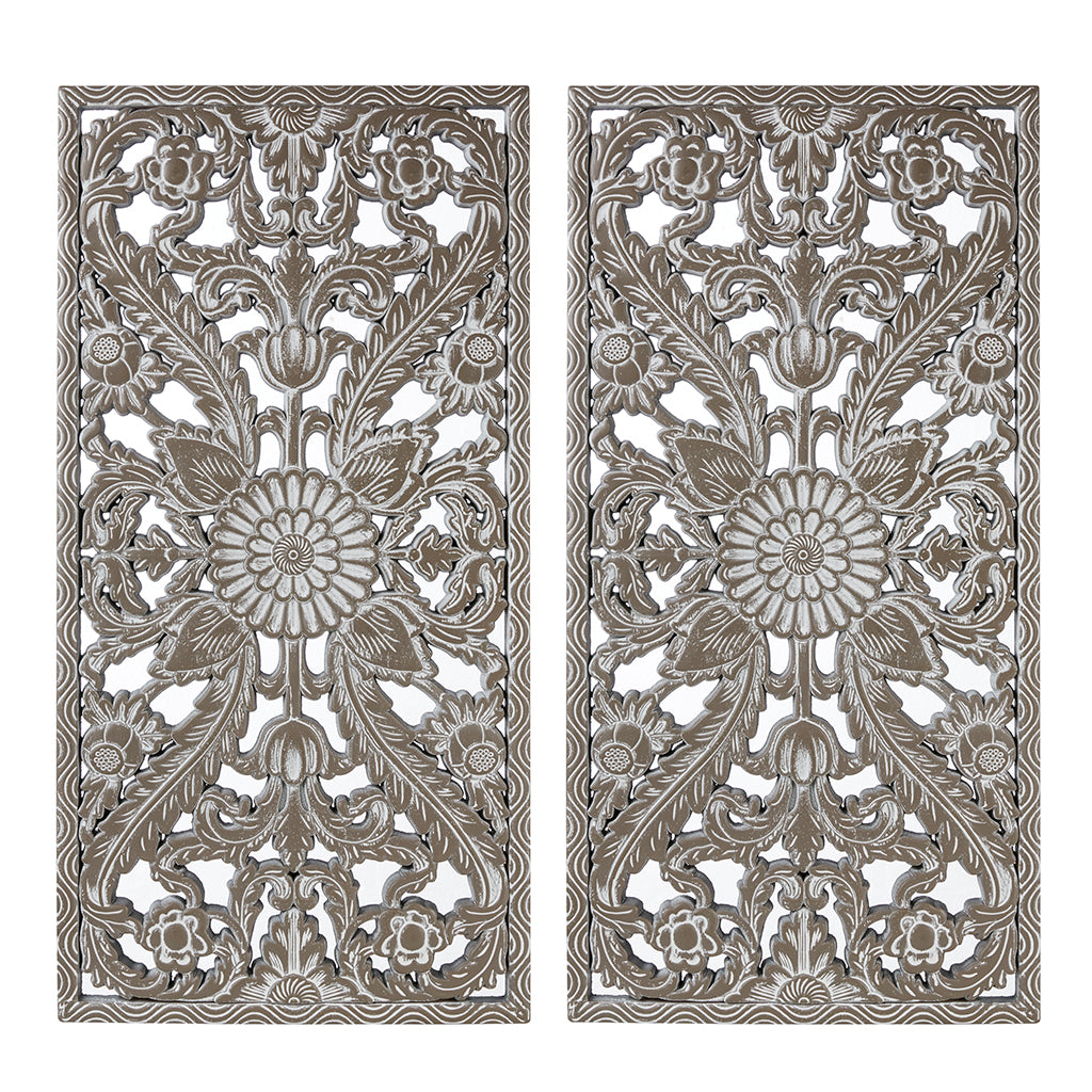 Botanical Panel Distressed Carved Wood 2-piece Wall Decor Set - Antique Green