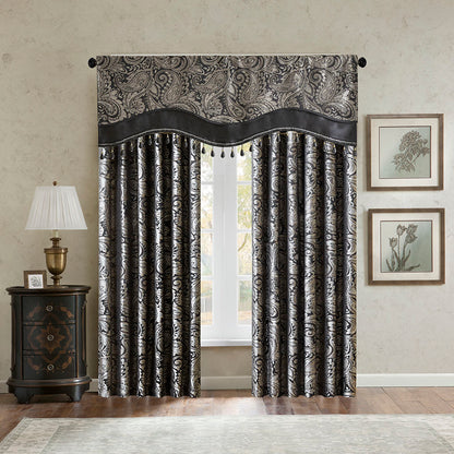 Aubrey Jacquard Window Rod Pocket Valance With Beads - Black