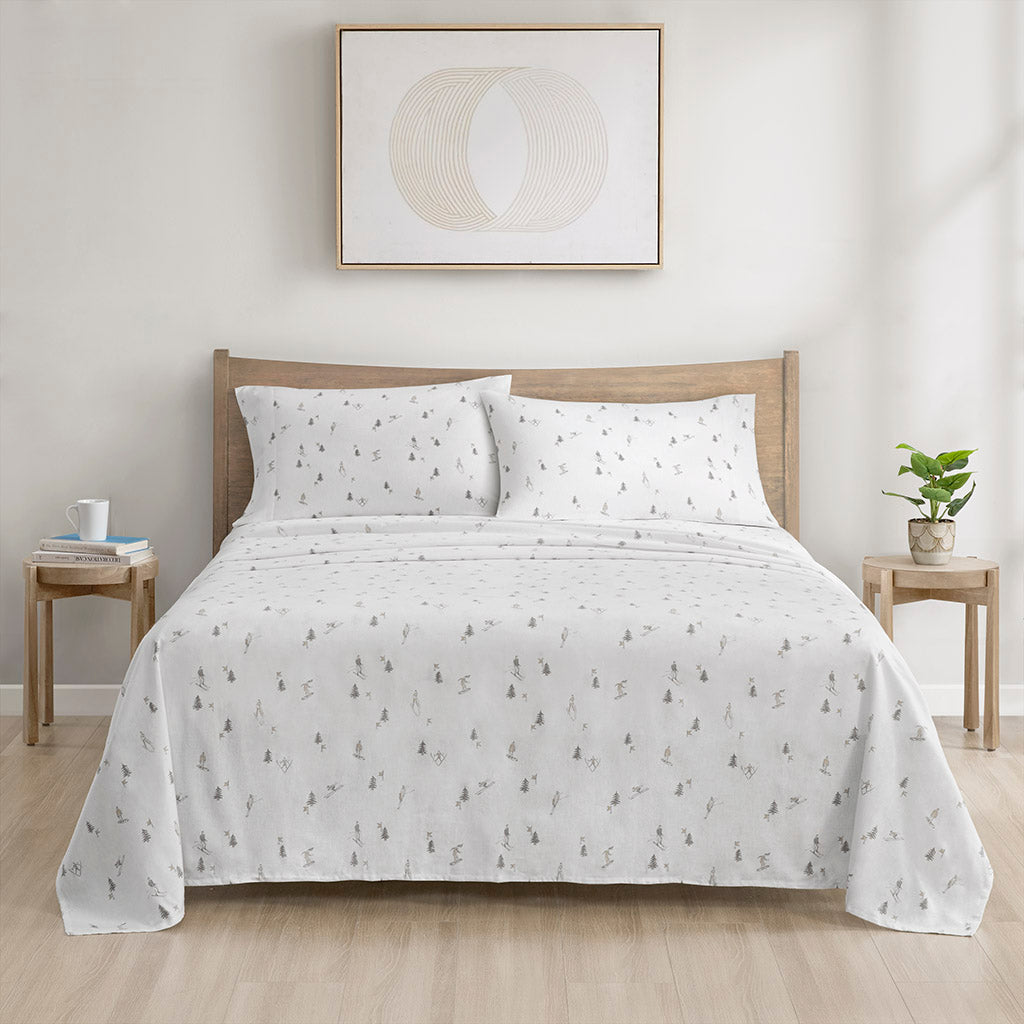 Cozy Cotton Flannel Printed Sheet Set - Gray Skiers