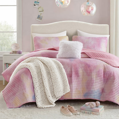 Cassiopeia Watercolor Tie Dye Printed Quilt Set with Throw Pillow - Pink
