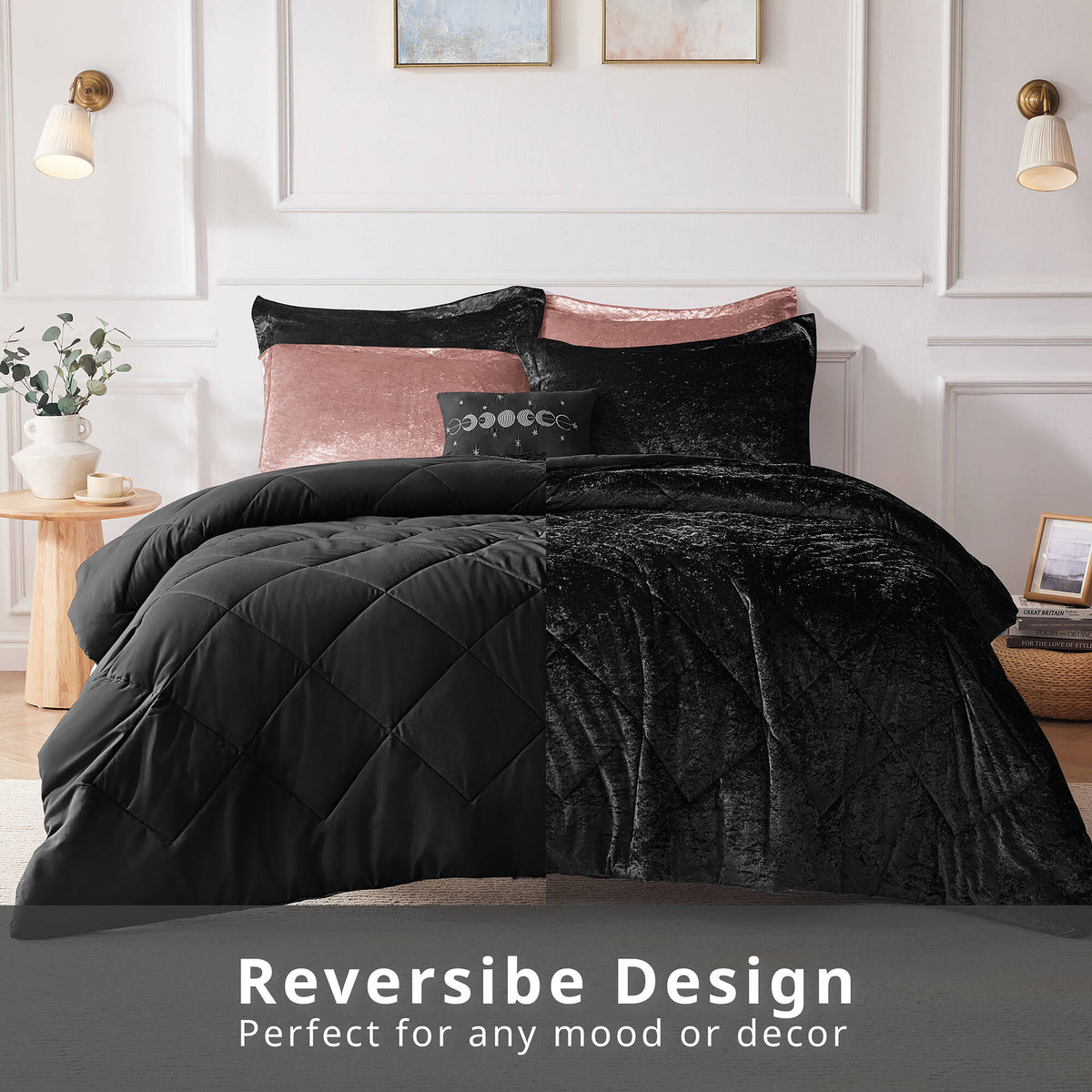 Felicia Velvet Comforter Set with Throw Pillow - Black