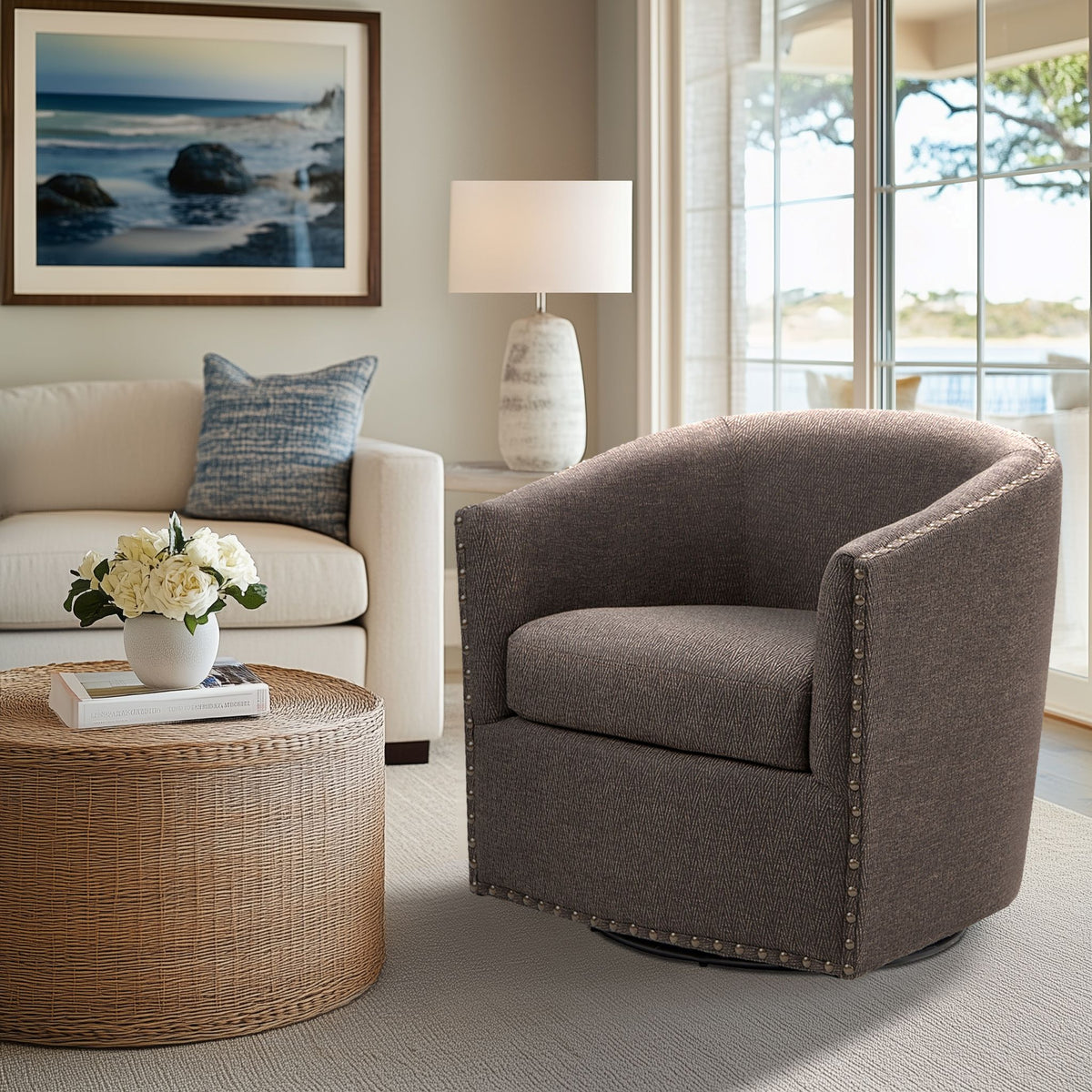 Tyler Upholstered Swivel Barrel Chair with Nailheads - Chocolate