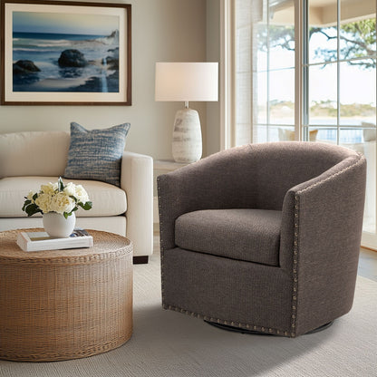 Tyler Upholstered Swivel Barrel Chair with Nailheads - Chocolate