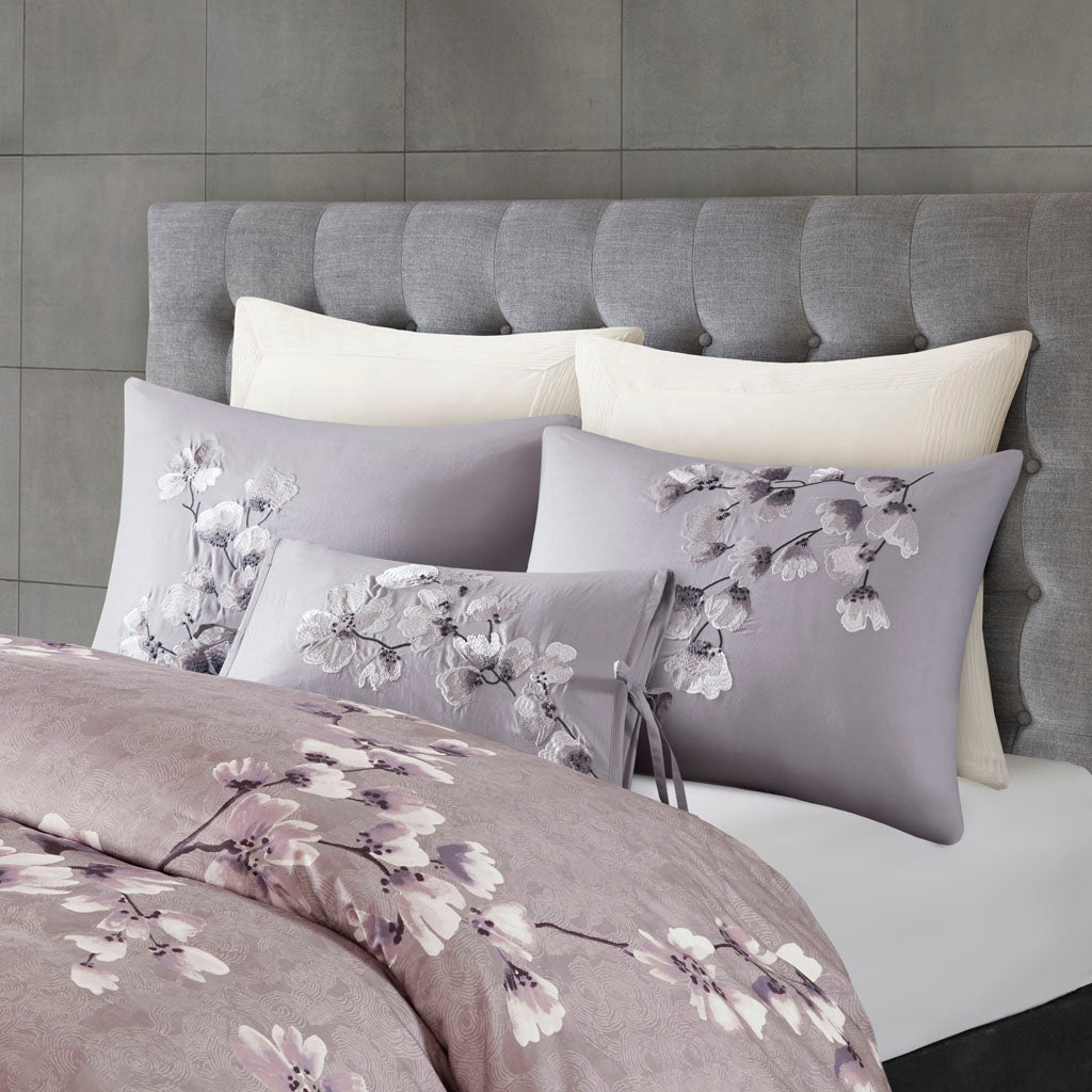Sakura Blossom 3 Piece Cotton Sateen Printed Duvet Cover Set - Lilac
