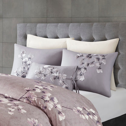 Sakura Blossom Embroidered Cotton Oblong Decorative Pillow - Lilac