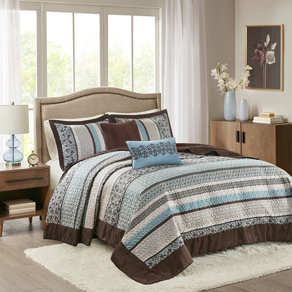 Princeton 5 Piece Reversible Jacquard Bedspread Set - Blue