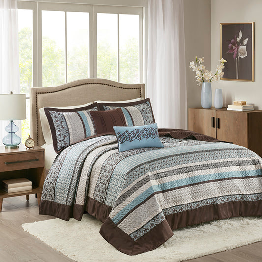 Princeton 5 Piece Reversible Jacquard Bedspread Set - Blue