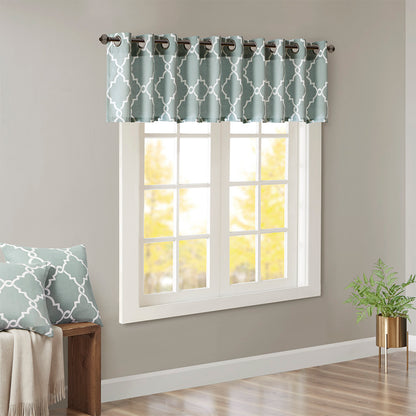 Saratoga Fretwork Print Grommet Top Window Valance - Seafoam/White