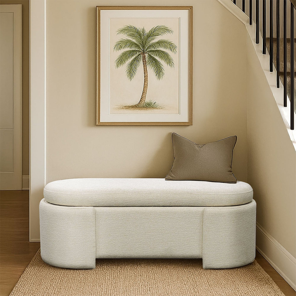 Leslie Fully Upholstered Oval Storage Bench with Soft-Close Lid - Ivory