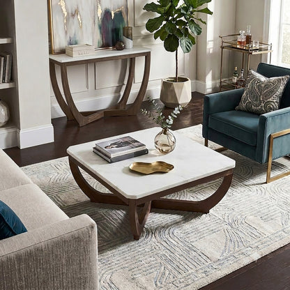 Calvedra Curve Marble-Look Coffee Table with Curved Walnut Wood Legs - White Marble/Walnut