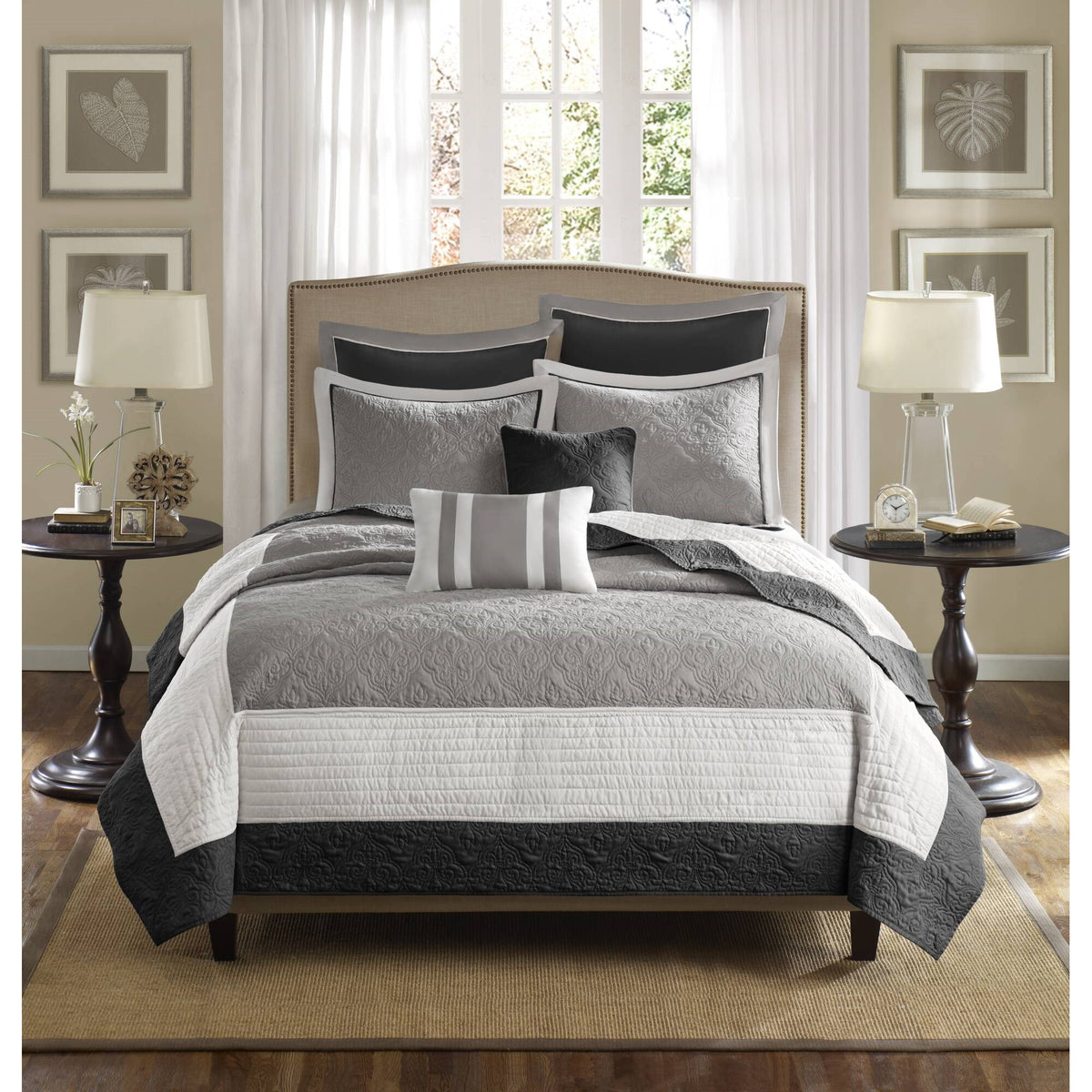 Attingham 7 Piece Quilt Set with Euro Shams and Throw Pillows - Black