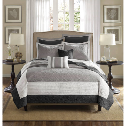Attingham 7 Piece Quilt Set with Euro Shams and Throw Pillows - Black