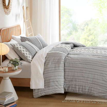 Imani Cotton Printed Duvet Cover Set with Chenille - Gray