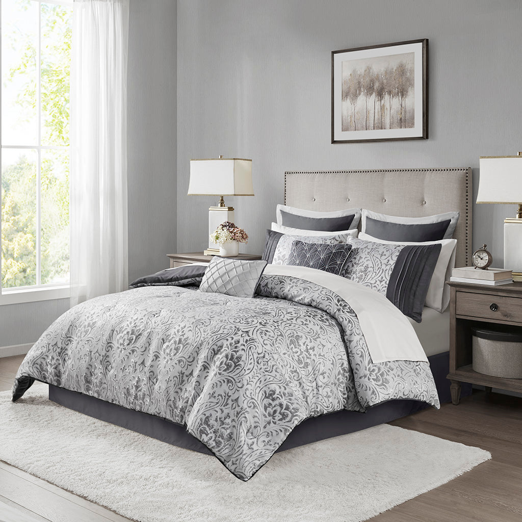 Emilia 12 Piece Jacquard Comforter Set with Bed Sheets - Silver