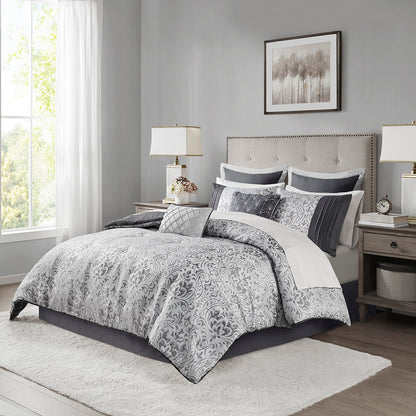 Emilia 12 Piece Jacquard Comforter Set with Bed Sheets - Silver