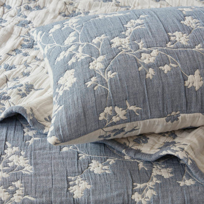 Catalina Botanical 3 Piece Jacquard Cotton Gauze Quilt Set - Navy