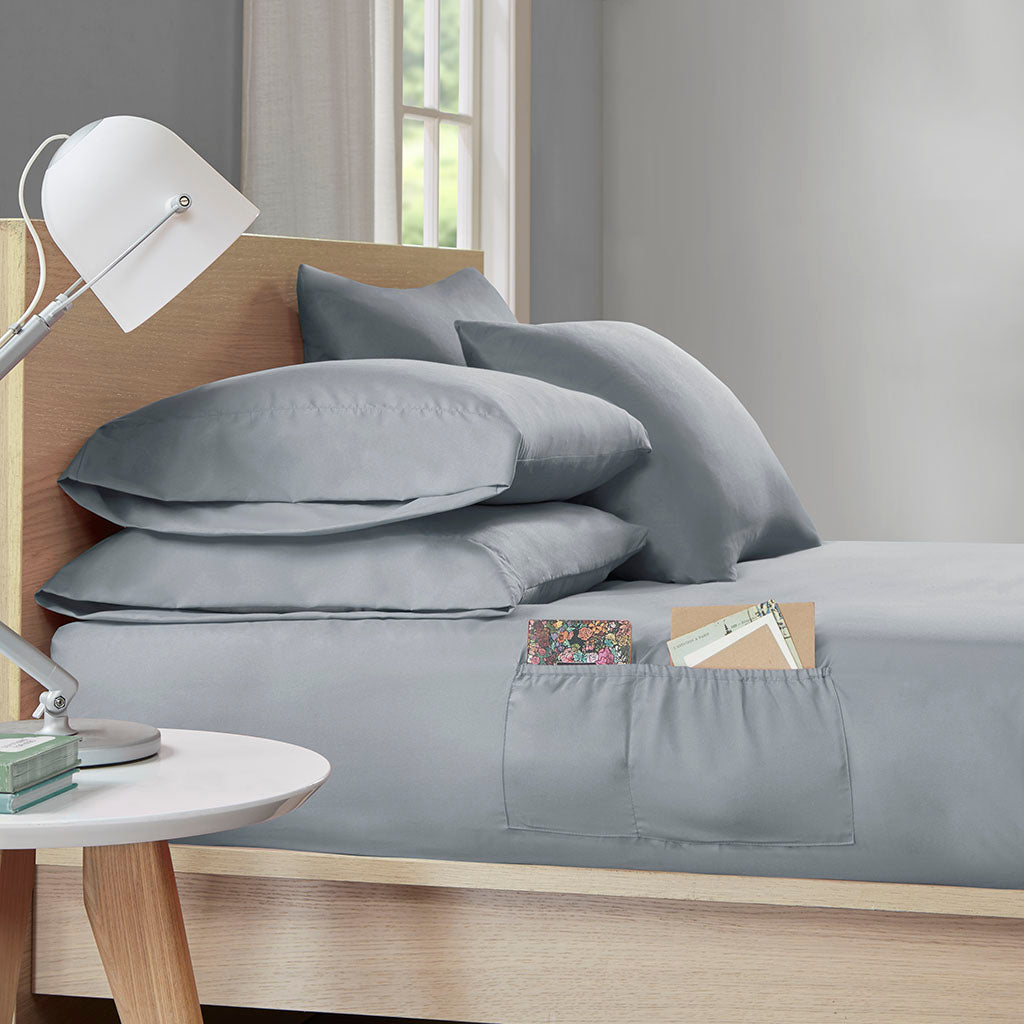 Microfiber Sheet Set with Side Storage Pockets - Grey