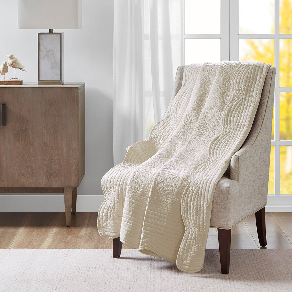 Tuscany Oversized Quilted Throw with Scalloped Edges - Cream
