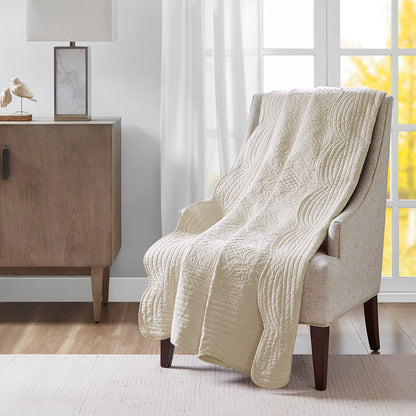 Tuscany Oversized Quilted Throw with Scalloped Edges - Cream